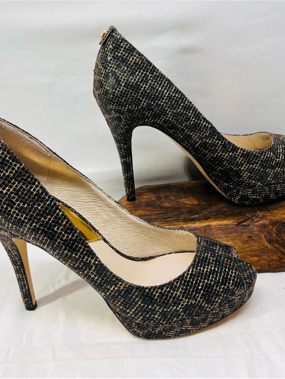 MICHAEL Michael Kors Black and Gold Textured Peep-Toe Heels